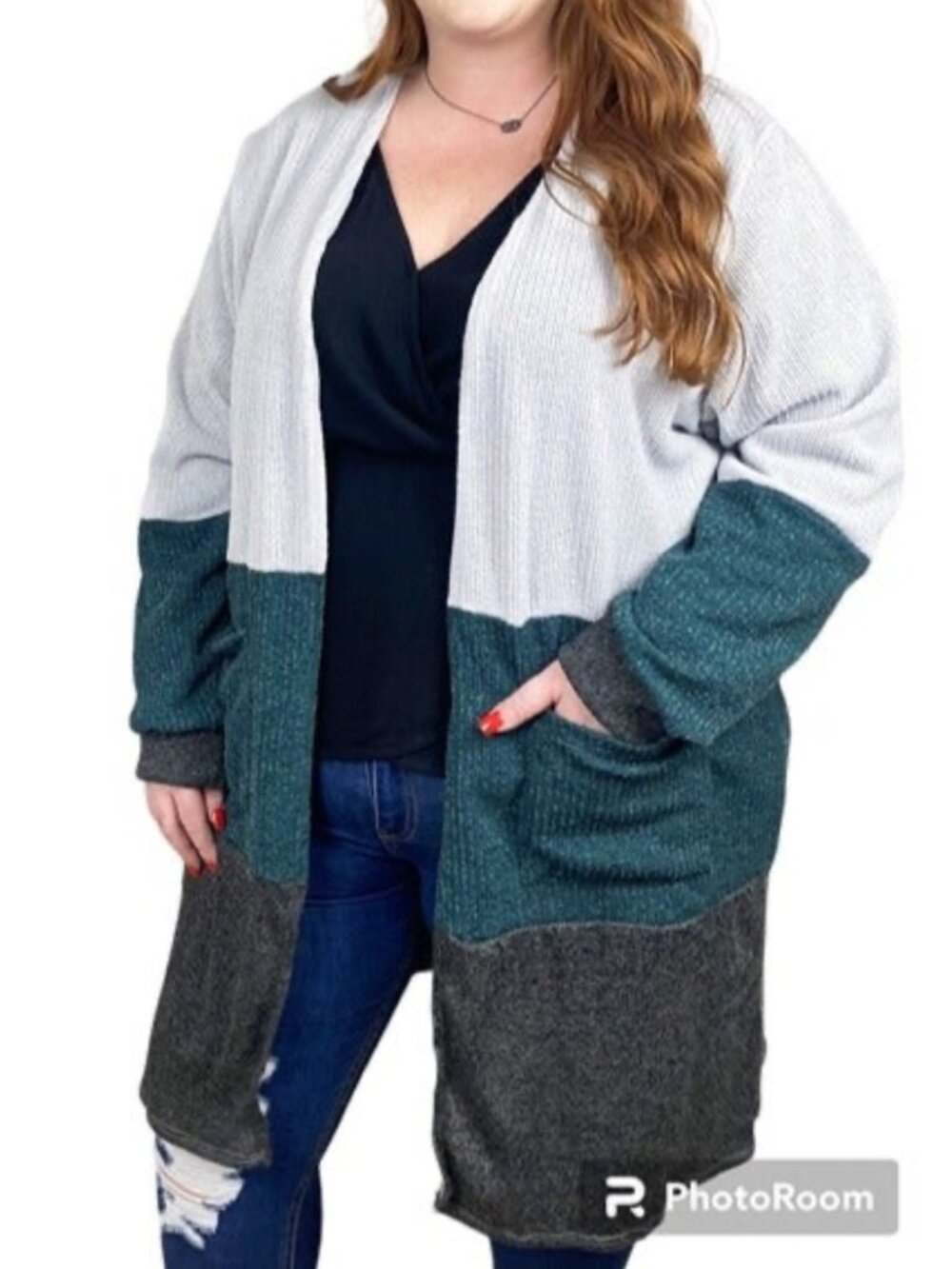 Classic Long Sleeve Ribbed Open Front Color Block Plus Size Cardigan